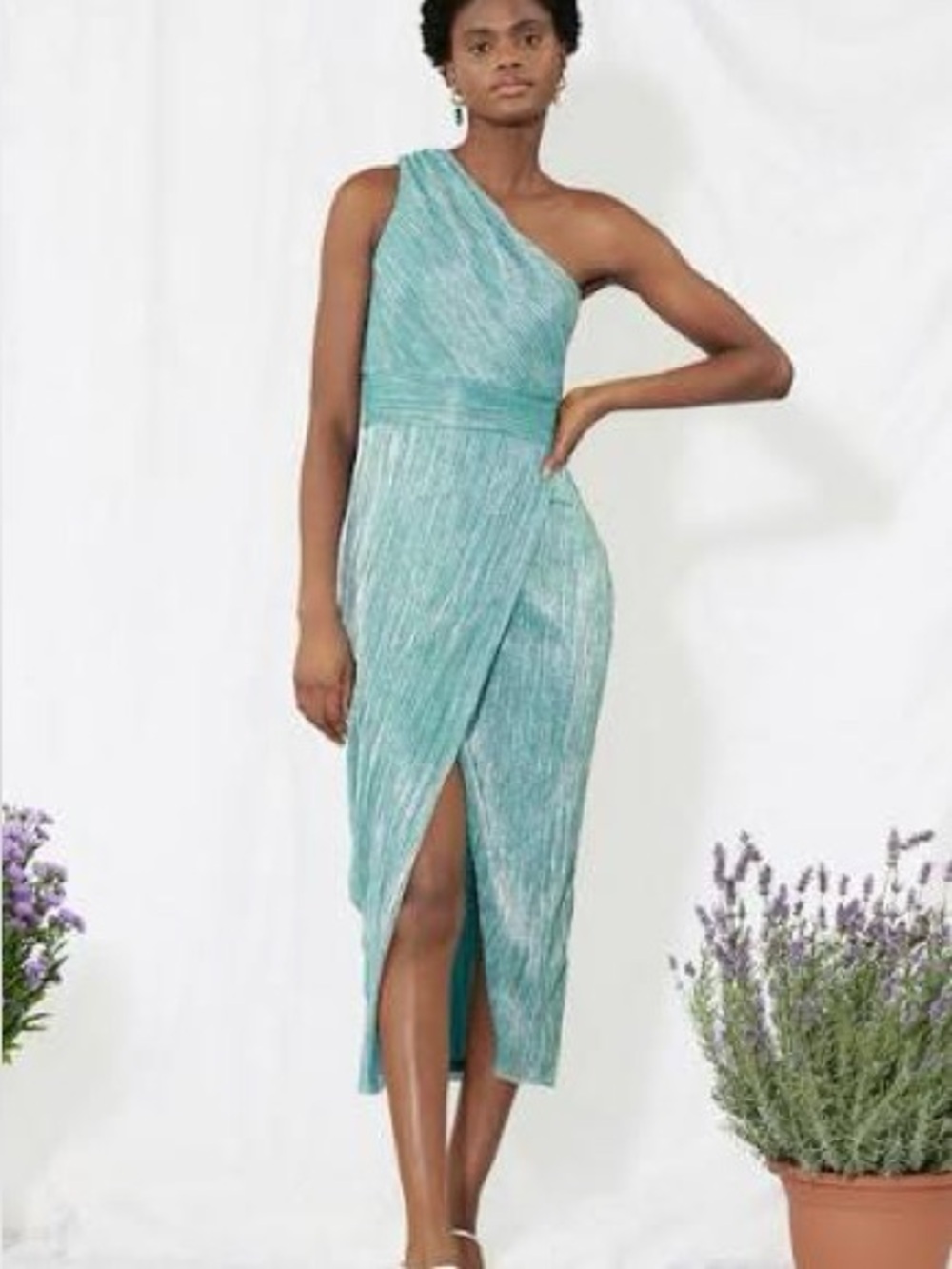 SAYLOR Teal One-Shoulder Metallic Gown